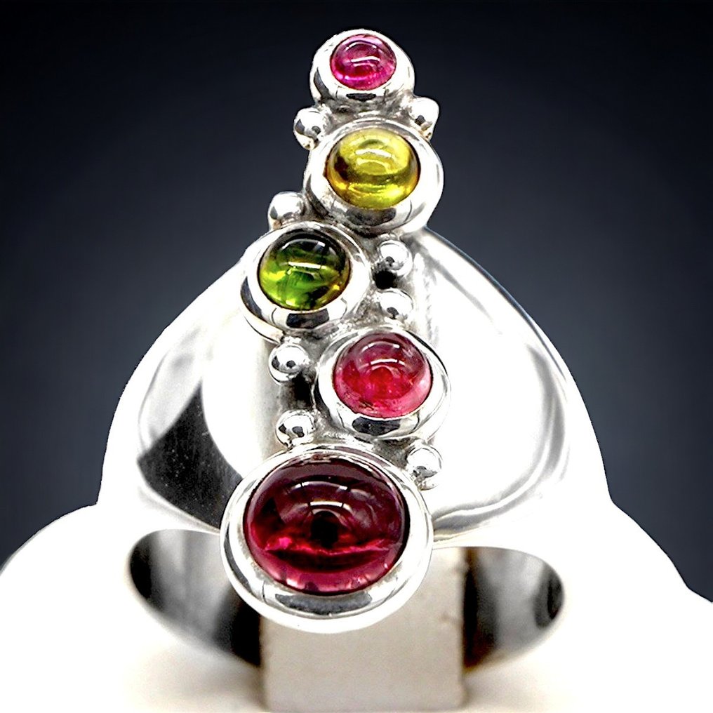 Turmalina Natural Multicolor Particular anillo de plata con gemas de turmalina. - Altura: 30 mm - Ancho: 26.5 mm- 12.15 g - (1) #1.2
