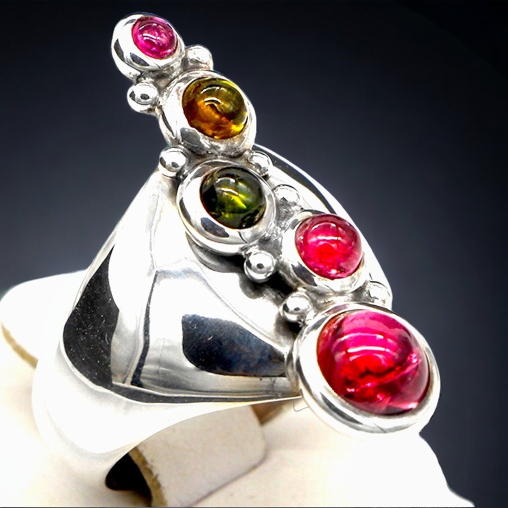 Többszínű természetes turmalin Különleges ezüst gyűrű, turmalin gyöngyszemekkel - Magasság: 30 mm - Szélesség: 26.5 mm- 12.15 g - (1) #2.1