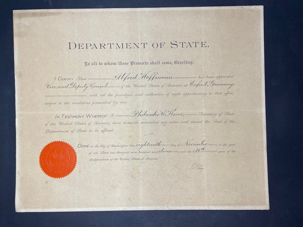 U.S. - Document - Ernennungsurkunde Vizekonsul USA 1911, Ph. Knox - 1911 #1.0