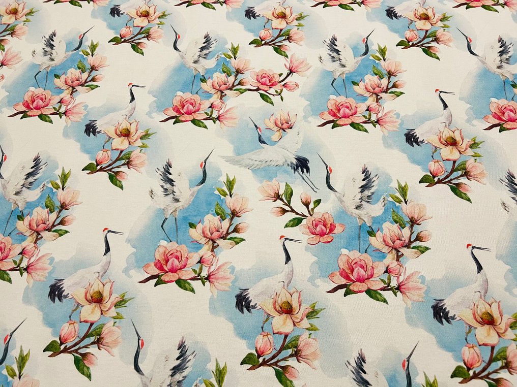Refined cotton fabric with Cranes and Flowers design - Exclusive to GCFabrics - - Upholstery fabric  - 300 cm - 280 cm #2.1