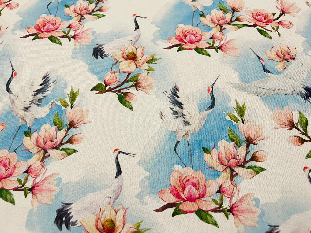 Refinada tela de algodón con diseño de Grullas y Flores - Exclusivo de GCFabrics - - Tejido de tapicería  - 300 cm - 280 cm #3.2