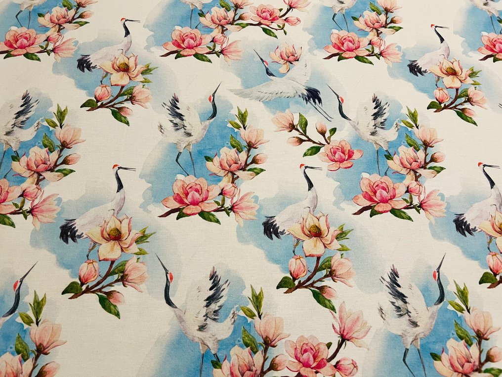 Wyrafinowana tkanina bawełniana z motywem żurawi i kwiatów – wyłącznie w GCFabrics – - Tkanina obiciowa  - 300 cm - 280 cm #2.2