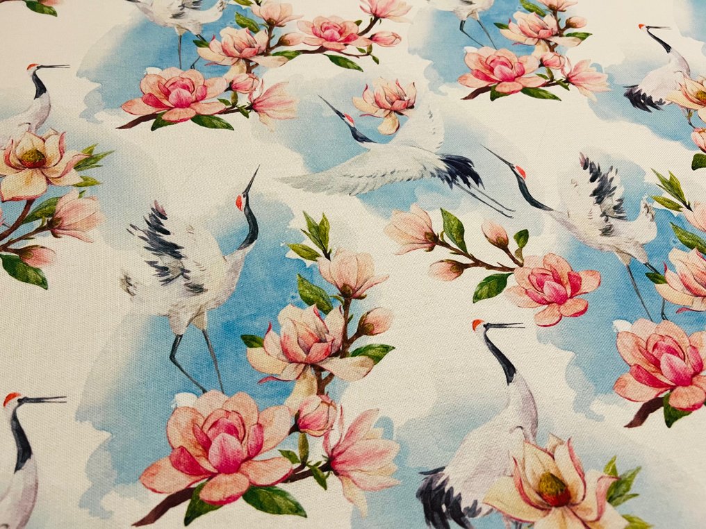 Tecido de algodão refinado com desenho de guindastes e flores - Exclusivo da GCFabrics - - Tecido para estofos  - 300 cm - 280 cm #3.1