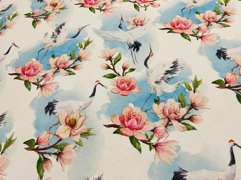 Wyrafinowana tkanina bawełniana z motywem żurawi i kwiatów – wyłącznie w GCFabrics – - Tkanina obiciowa  - 300 cm - 280 cm #1.1