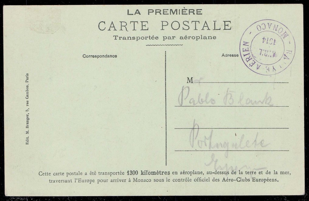 摩纳哥 1914 - 1914年摩纳哥航空拉力赛，来自这次早期飞行赛事不同阶段的3张明信片 #1.0