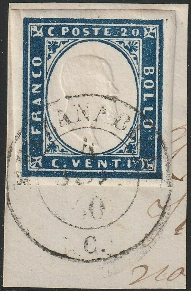 意大利古城邦-撒丁岛  - 1860 IV^ Em. 20 c.深蓝Sass 15C 宽边距用于 Mezzanabigli 取消片段 #1.1