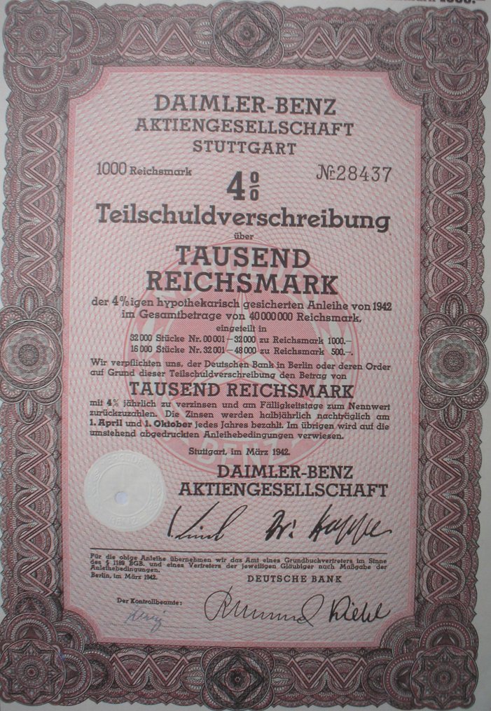 Saksa. Daimler Benz 4% Loan 1000 RM Teilschuldverschreibung Stuttgart 1942 (Ei pohjahintaa) #4.3