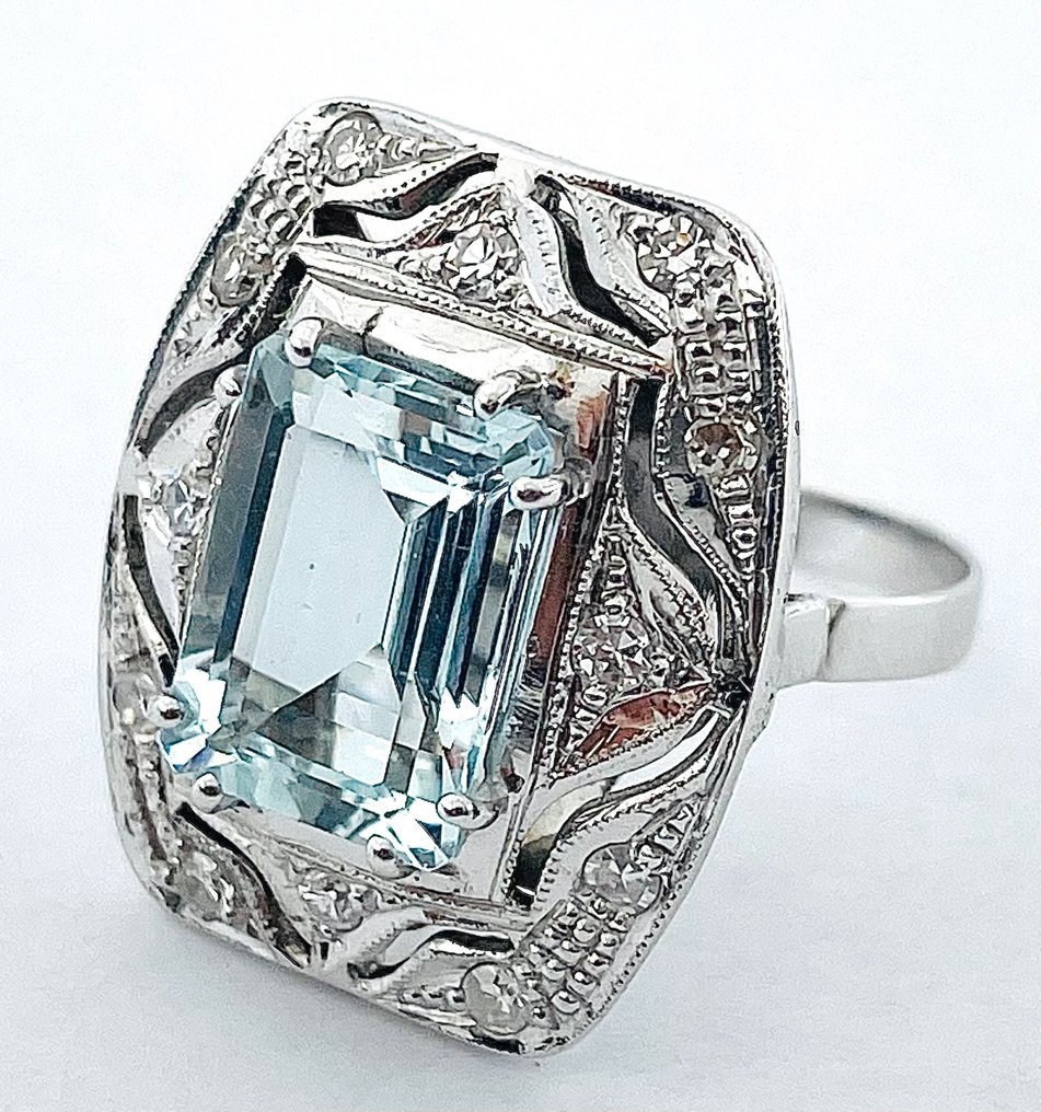 Ring - 18 kt Vittguld Akvamarin - Diamant #2.1