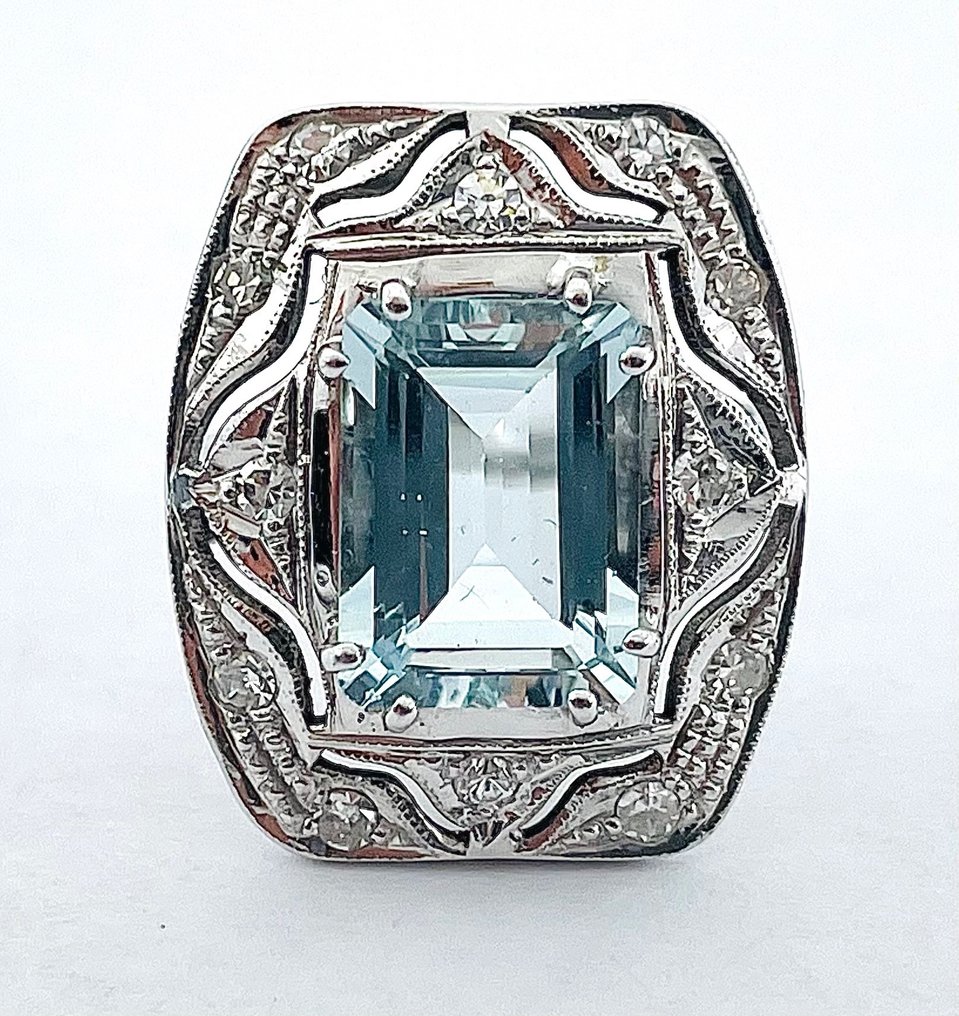 Ring - 18 kt. White gold Aquamarine - Diamond #1.2
