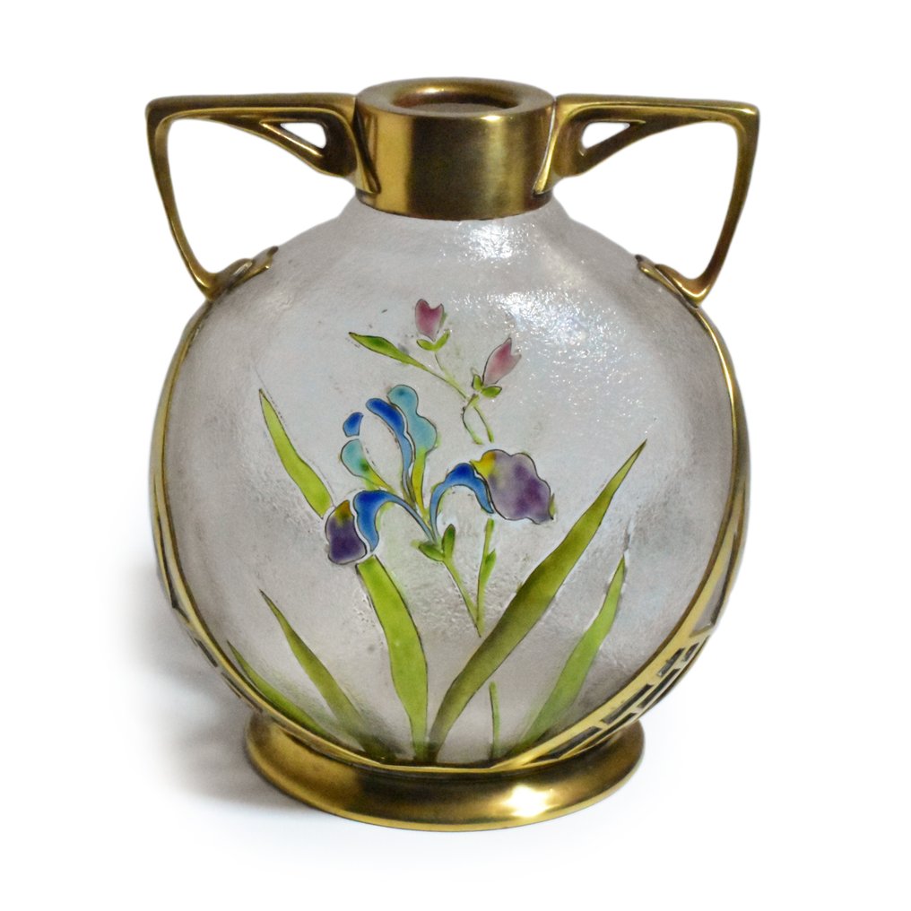 Carl Deffner / Esslingen - Vase -  Iris  - Emalje, Glas, Messing #2.1