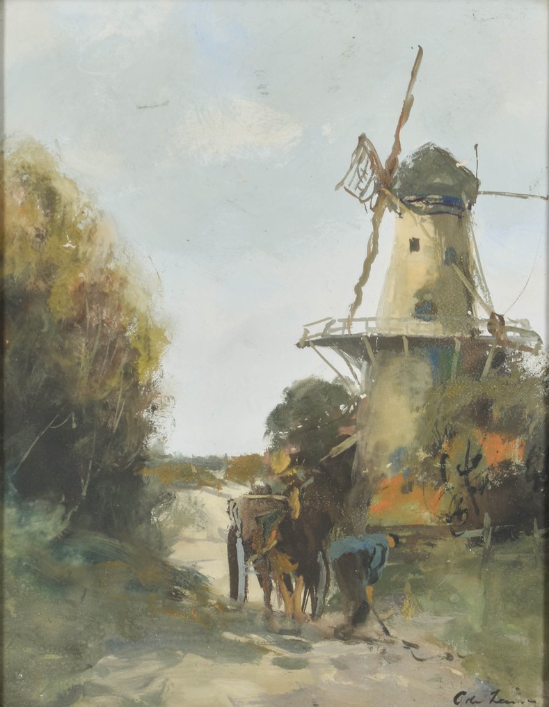Cornelis de Zeeuw pseud. Adriaan Terhell (1863-1949) - Horse and carriage by the mill #1.1