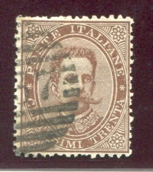 意大利王国 1879 - 翁贝托一世 30 分棕色，盖销都灵数字邮票 3237 的一部分 - sassone 41 #1.1
