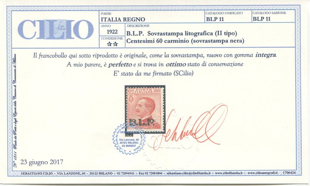 Królestwo Włoskie 1922 - BLP 60-centowy nadruk litograficzny w kolorze czarnym karminowym typu II - Sassone 3 #2.1