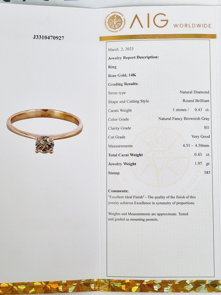 Anel de noivado - 14 K Ouro rosa -  0.43 tw. Diamante  (Natural)  #3.2