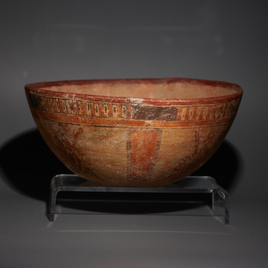 Maya Terrakotta dekorert skål. 650 - 800 e.Kr. 15 cm D. Spansk eksportlisens. #2.1