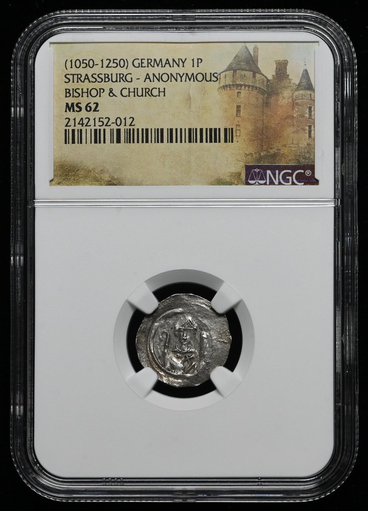 Bisdom Straatsburg. Anonymous. 1 Pfennig no Date (ca. 1050-1250) Bishop and Church type - in a slab NGC MS62 #2.1