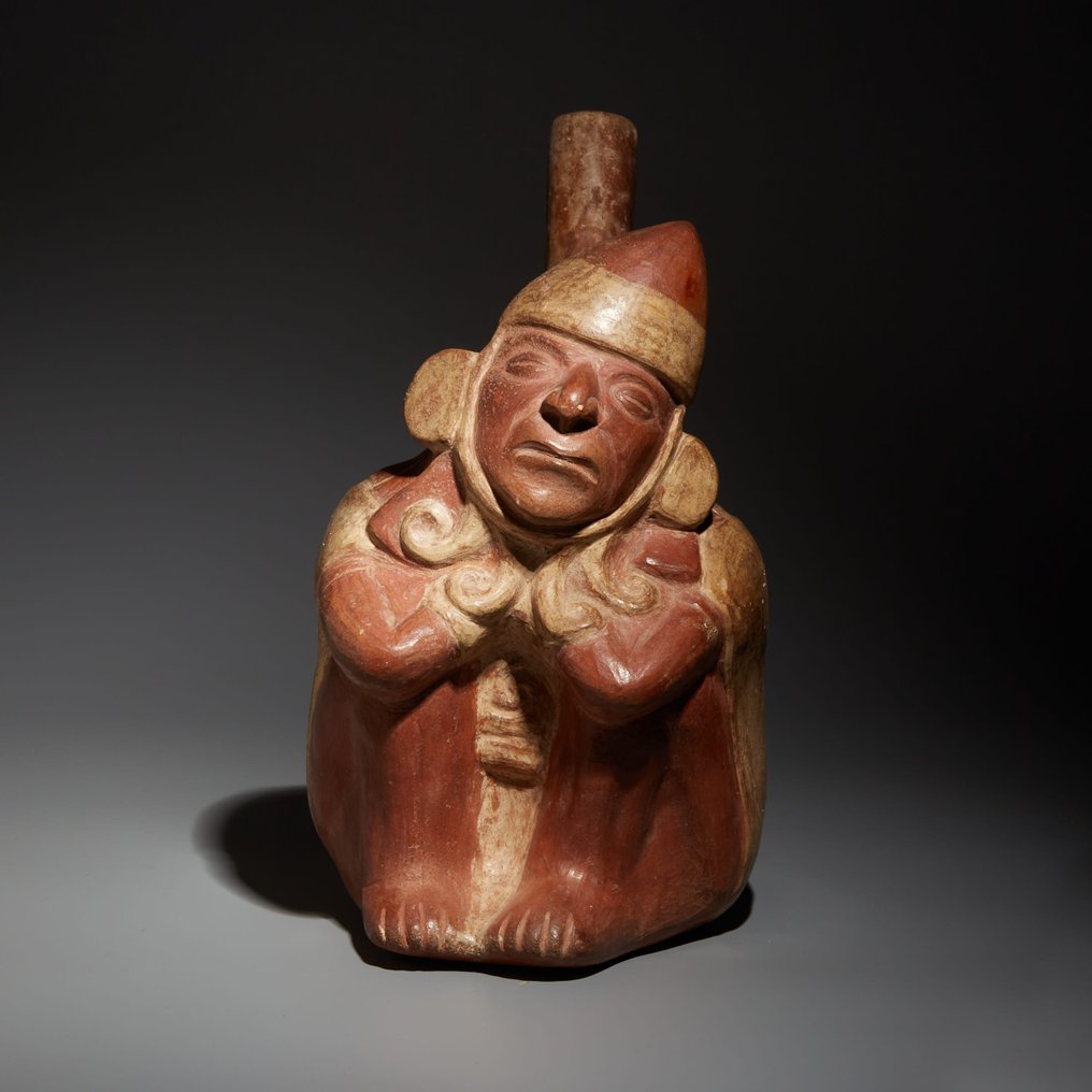 Moche, Perú Terrakotta Sovende kriger Huaco. top kvalitet. c. 100-400 e.Kr. 21 cm Højde. Spansk eksportlicens. TL test. #1.1