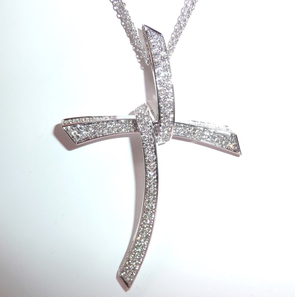 Κολιέ με μενταγιόν - 18 καράτια Λευκός χρυσός -  2.00ct. tw. Διαμάντι (Φυσικό)  - Πολύ μεγάλο σταυρό #1.0