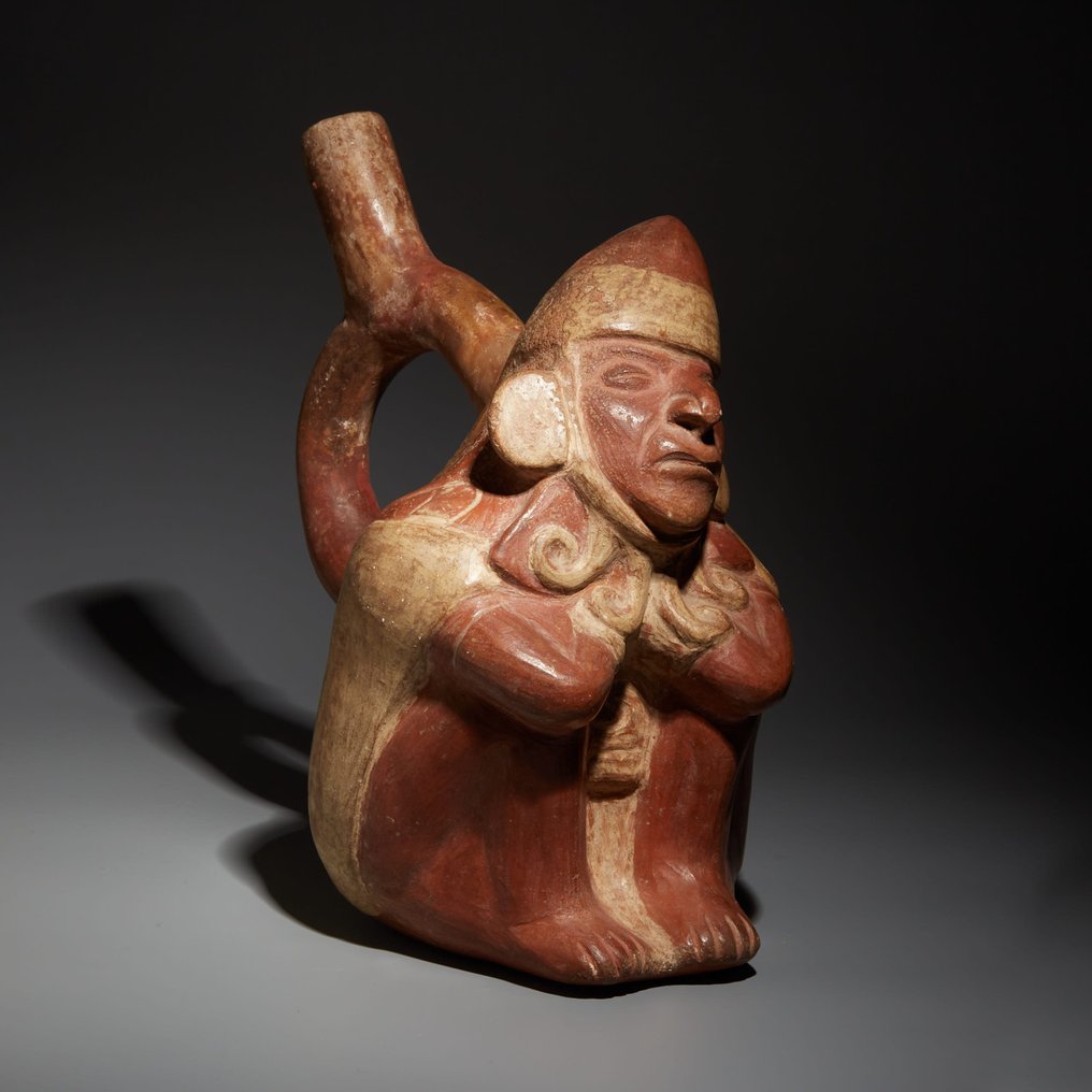 Moche, Perú Terrakotta Sovende kriger Huaco. top kvalitet. c. 100-400 e.Kr. 21 cm Højde. Spansk eksportlicens. TL test. #1.2