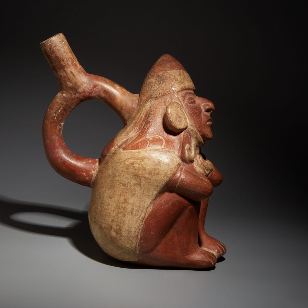 Moche, Perú Terrakotta Sovende kriger Huaco. top kvalitet. c. 100-400 e.Kr. 21 cm Højde. Spansk eksportlicens. TL test. #2.1