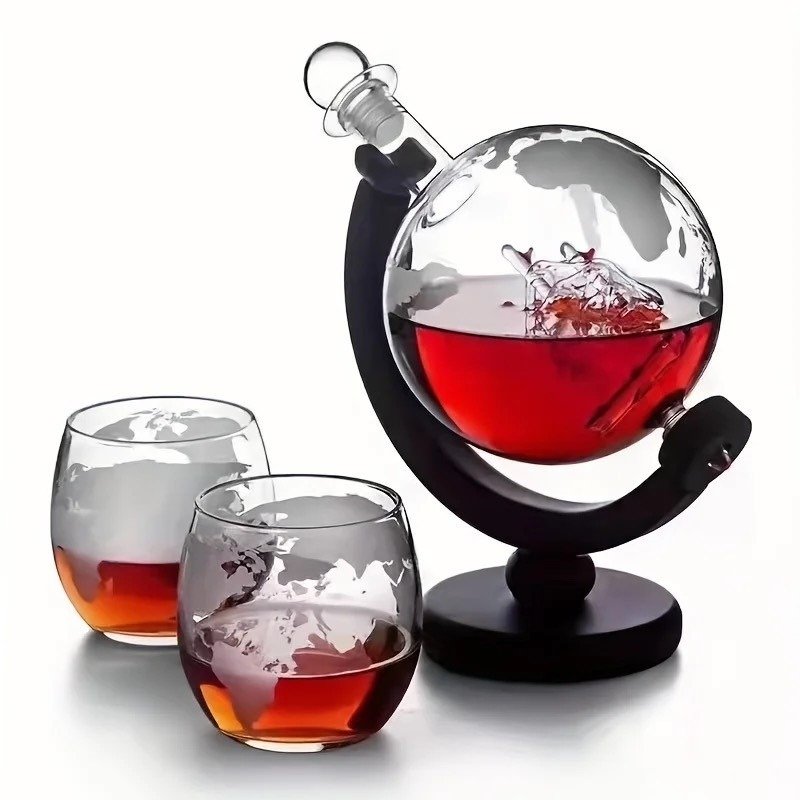 Derítőedény (3) - Luxus Globe whiskys/konyakos dekanter szett fa állványon – üres, tölthető – 2 darabot tartalmaz - Üveg #1.2