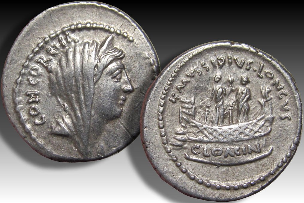 Römische Republik. L. Mussidius Longus, 42 BC. Denarius Rome mint - Shrine of Venus Cloacina - variety without control symbol on obverse #2.1