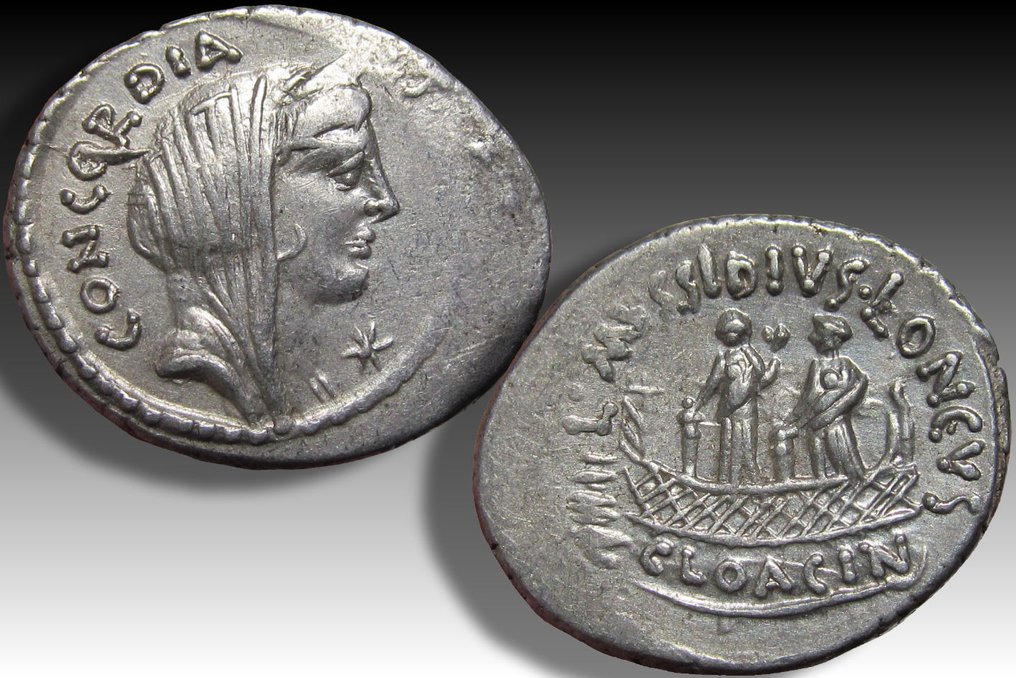 Római Köztársaság. L. Mussidius Longus, 42 BC. Denarius Rome mint - Shrine of Venus Cloacina - variety with star symbol on obverse #2.1