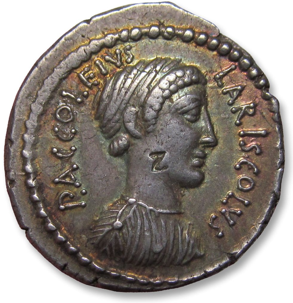 Römische Republik. P. Accoleius Lariscolus, 43 BC. Denarius Rome mint - beautifully toned - #1.1