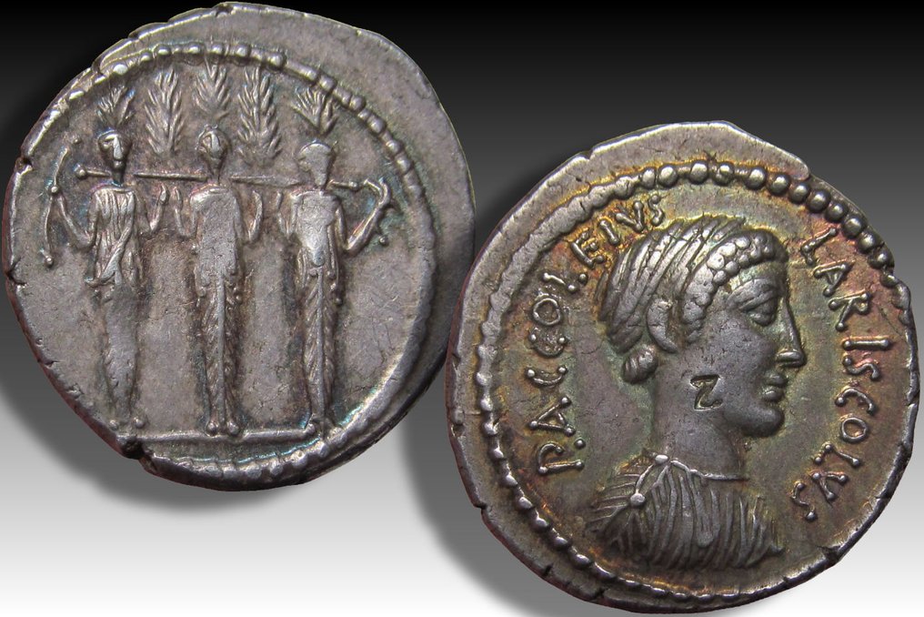 República Romana. P. Accoleius Lariscolus, 43 BC. Denarius Rome mint - beautifully toned - #2.1