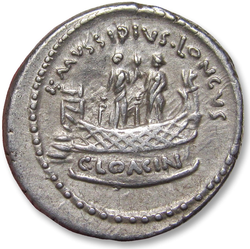Römische Republik. L. Mussidius Longus, 42 BC. Denarius Rome mint - Shrine of Venus Cloacina - variety without control symbol on obverse #1.1