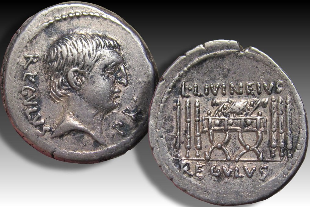 Rooman tasavalta. L. Livineius Regulus, 42 eaa.. Denarius Rome mint - beautifully struck for the type - #2.1