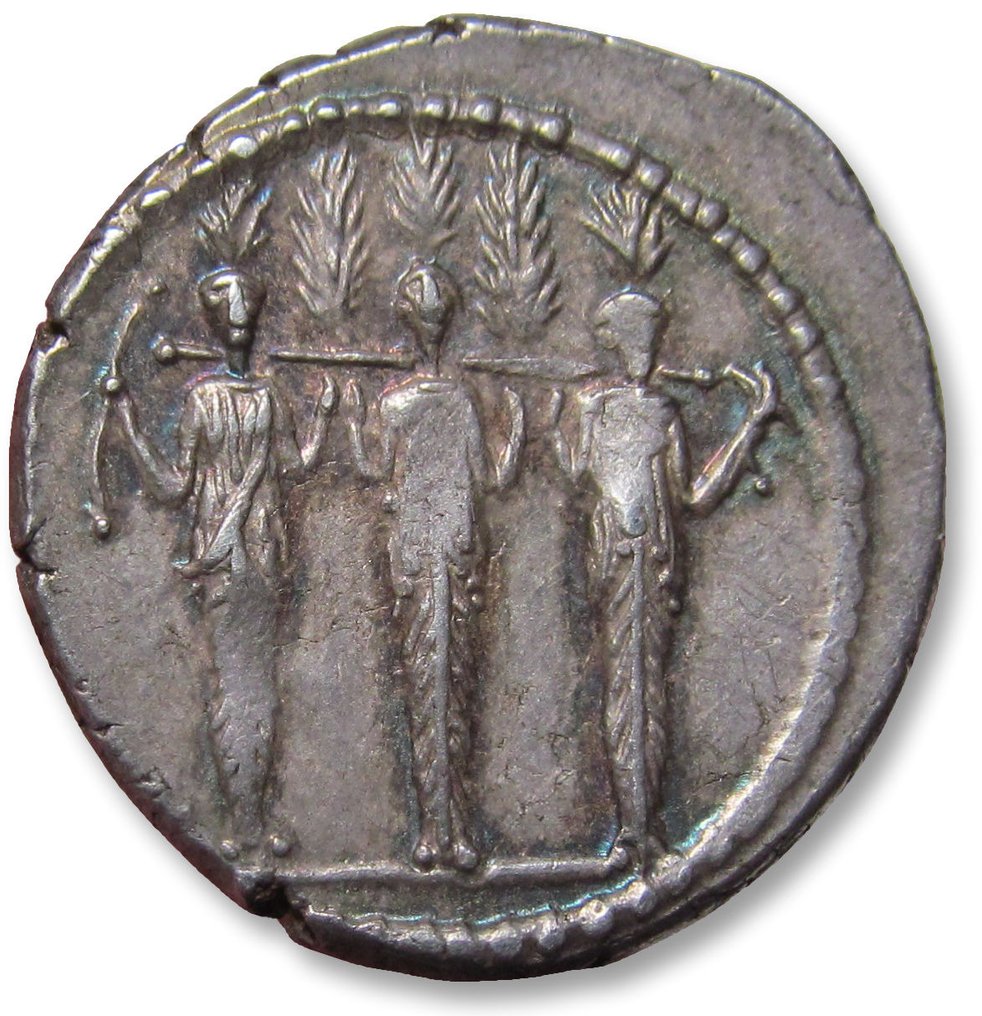 Romerska republiken. P. Accoleius Lariscolus, 43 BC. Denarius Rome mint - beautifully toned - #1.2