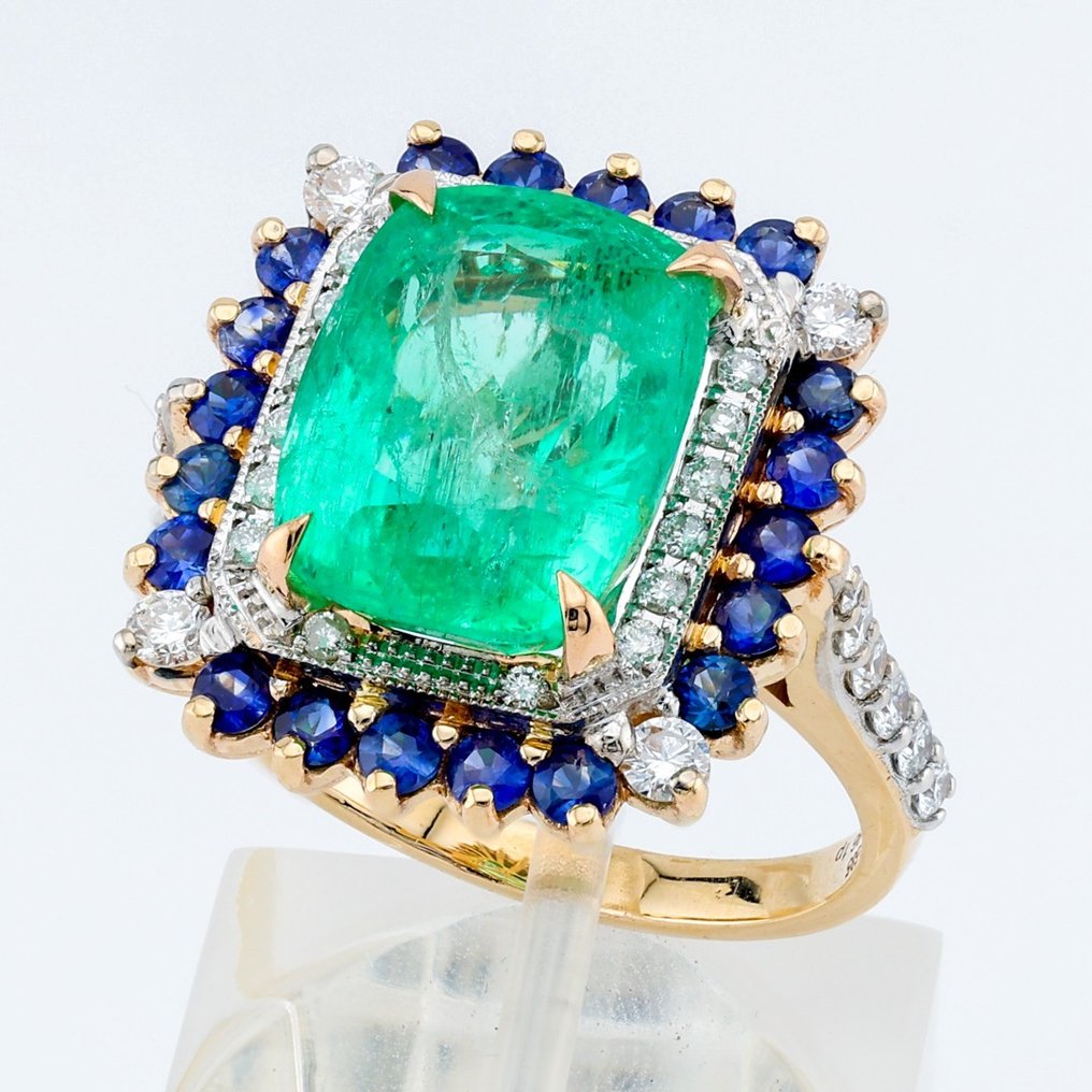 "GIA" - Emerald 5.96 Ct, (Blue) Sapphire & Diamond Combo - Ring - 14 kt Gelbgold, Weißgold #1.1