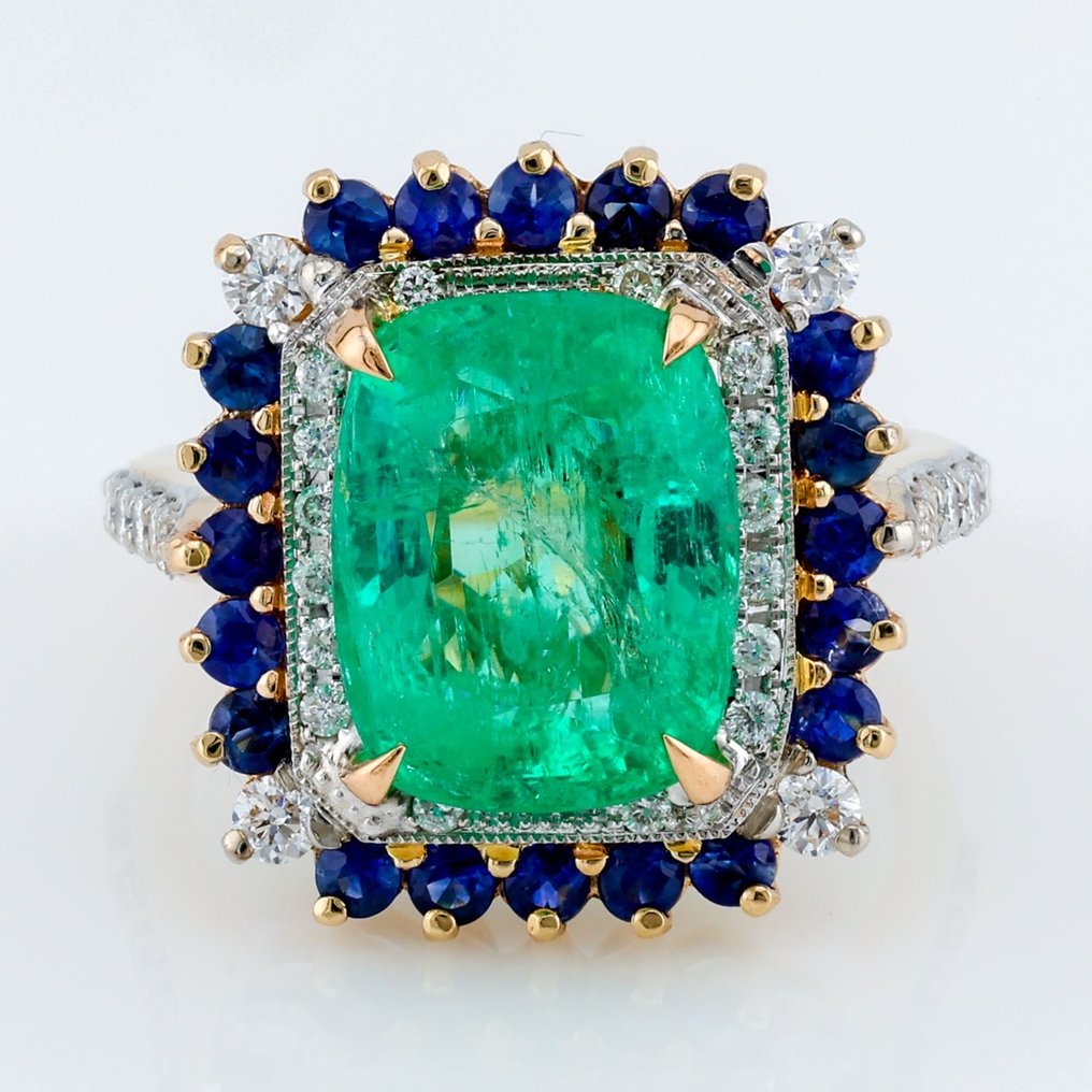 "GIA" - Emerald 5.96 Ct, (Blue) Sapphire & Diamond Combo - Sormus - 14 kt. Keltakulta, Valkokulta #1.2