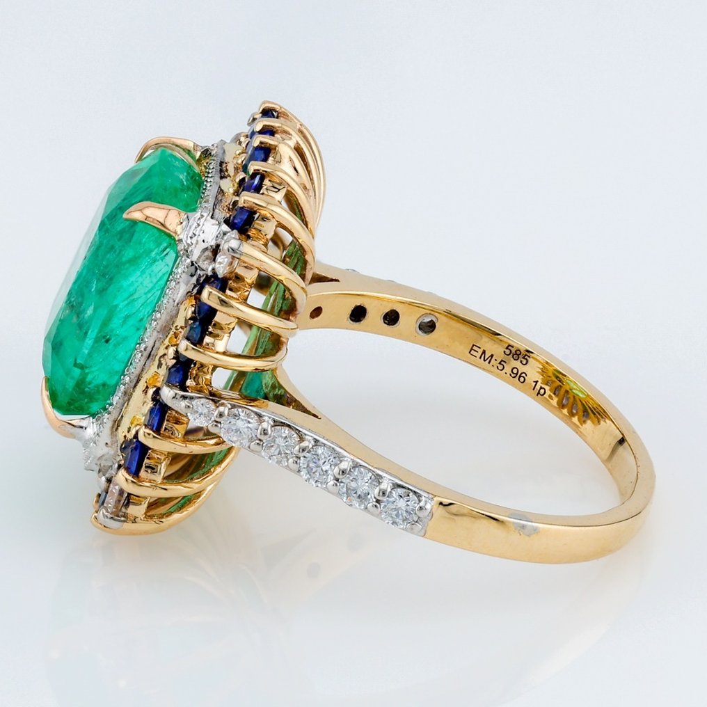 "GIA" - Emerald 5.96 Ct, (Blue) Sapphire & Diamond Combo - Anel - 14 K Ouro amarelo, Ouro branco #2.1