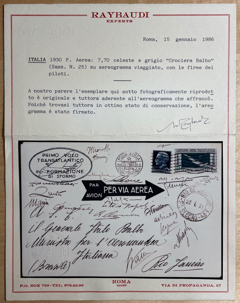 Olasz Királyság 1931/1931 - Az igazolt pilóták aláírásával utazott a 7.70-es Balbo körút az aerogramon Brazíliába - Sassone NN.25 #2.2