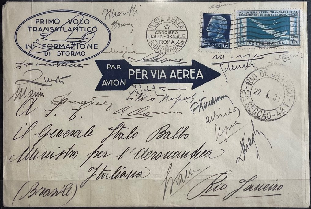 Italian kuningaskunta 1931/1931 - Balbo-risteily 7.70 lentogrammilla Brasiliaan kulki sertifioitujen lentäjien allekirjoituksin - Sassone NN.25 #1.1