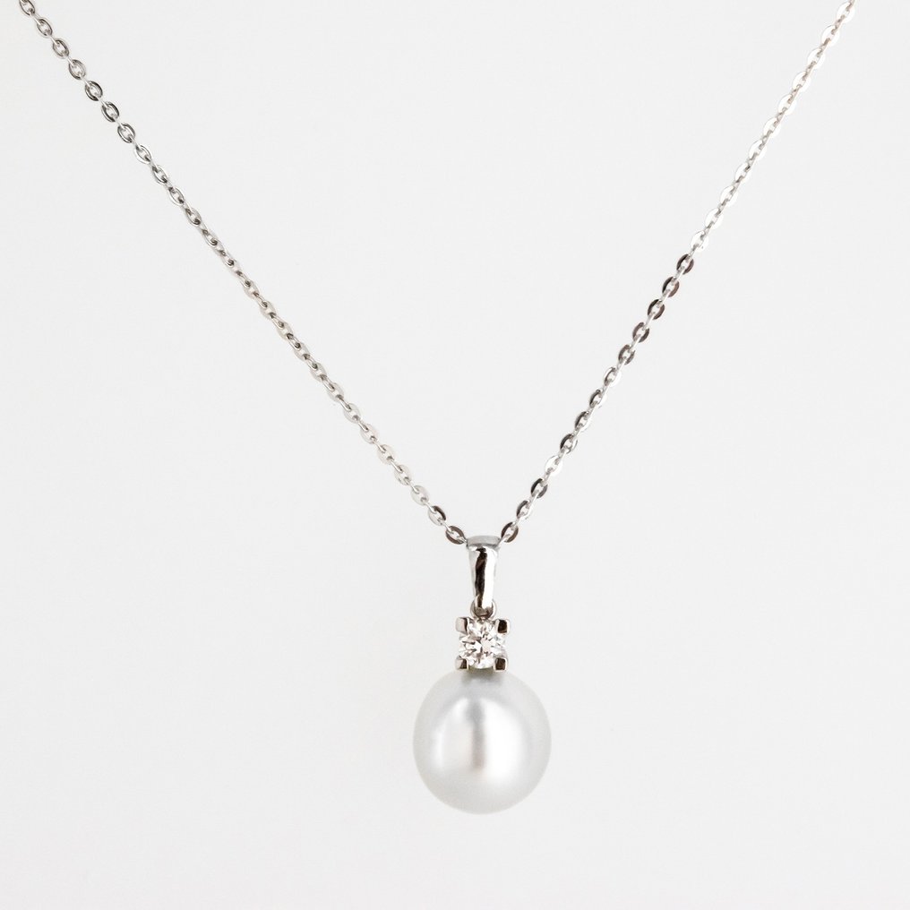 Pendentif - 18 carats Or blanc Diamant  (Naturelle) - Perle  #1.1