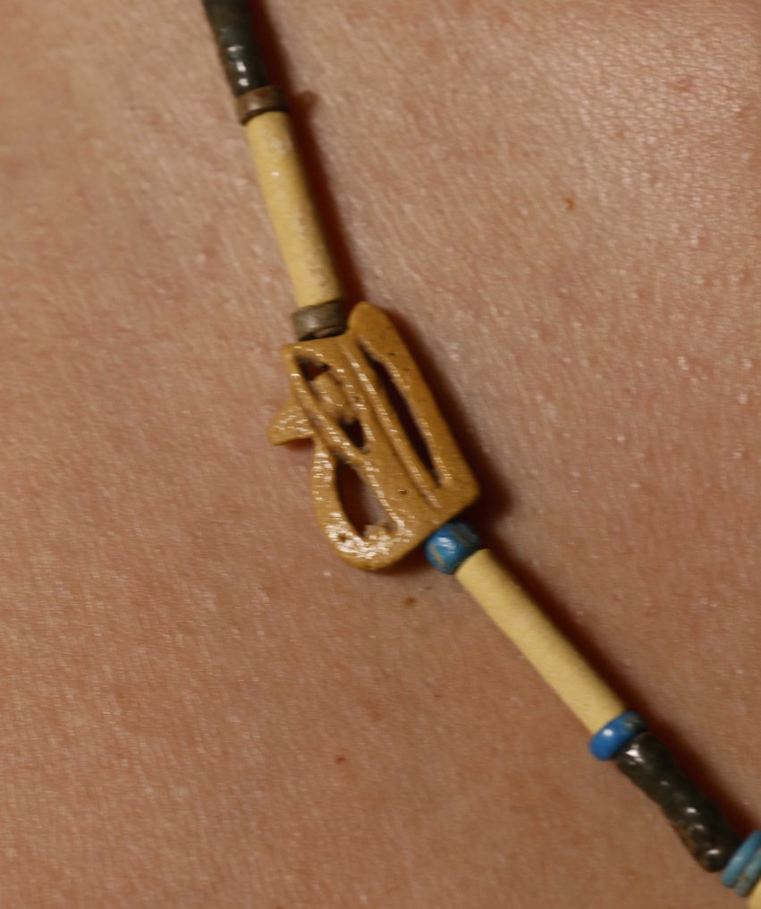 Egito Antigo Colar com amuletos Udjat glazed amarelo - licença de exportação espanhola. - 26 cm #3.2