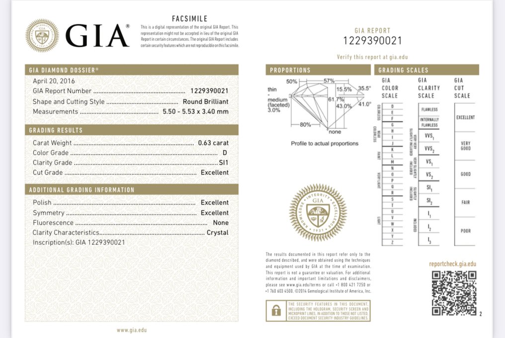 1 pcs 钻石  (天然)  - 0.63 ct - 圆形 - D (无色) - SI1 微内含一级 - 美国宝石研究院（GIA） #1.0