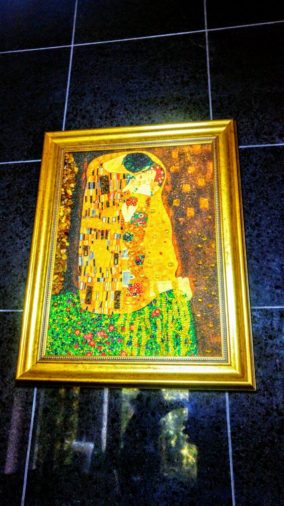 Baltisk rav-bilde - Klimt-kolleksjon - Kyss - Rav - 47 cm - 37 cm #1.0