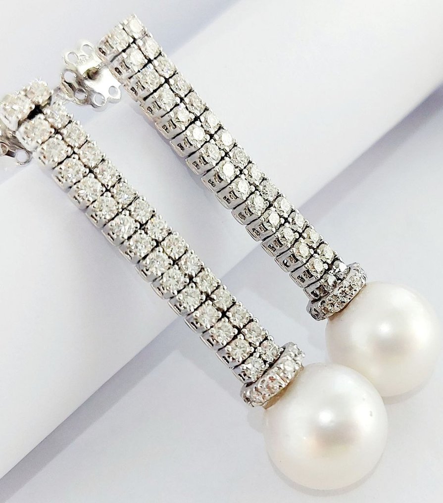 Cercei - 18 ct. Aur alb - 3.20ct. tw. Diamant (Natural) - Perlă - GEM-TECH Certified #1.0