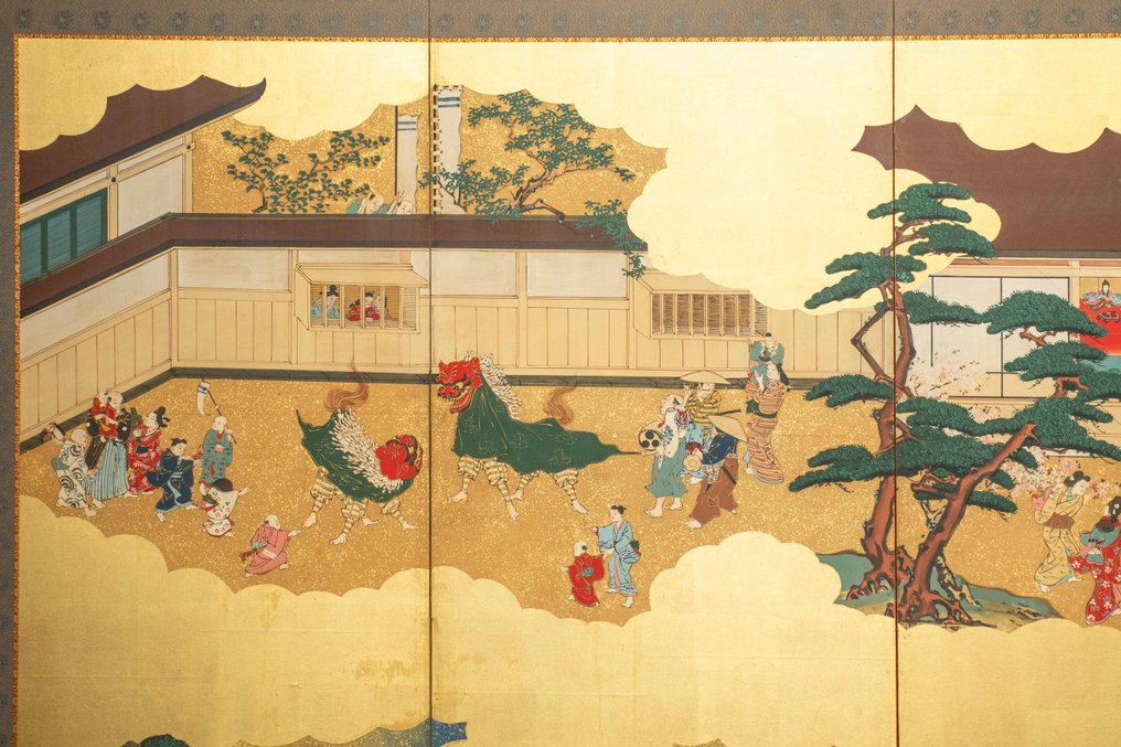 Byōbu屏風 - 紙, 木, 金色, 一幅光亮的六扇屏风（Byōbu 屏风），以金箔装饰，描绘日常生活的场景。 - 日本 - 明治时期（19世纪下半叶） #2.1