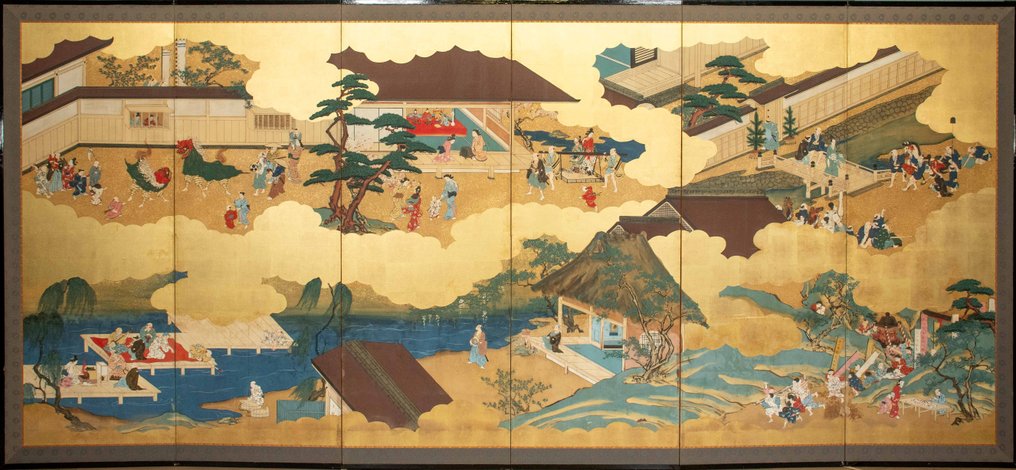 Byōbu屏風 - 紙, 木, 金色, 一幅光亮的六扇屏风（Byōbu 屏风），以金箔装饰，描绘日常生活的场景。 - 日本 - 明治时期（19世纪下半叶） #1.0