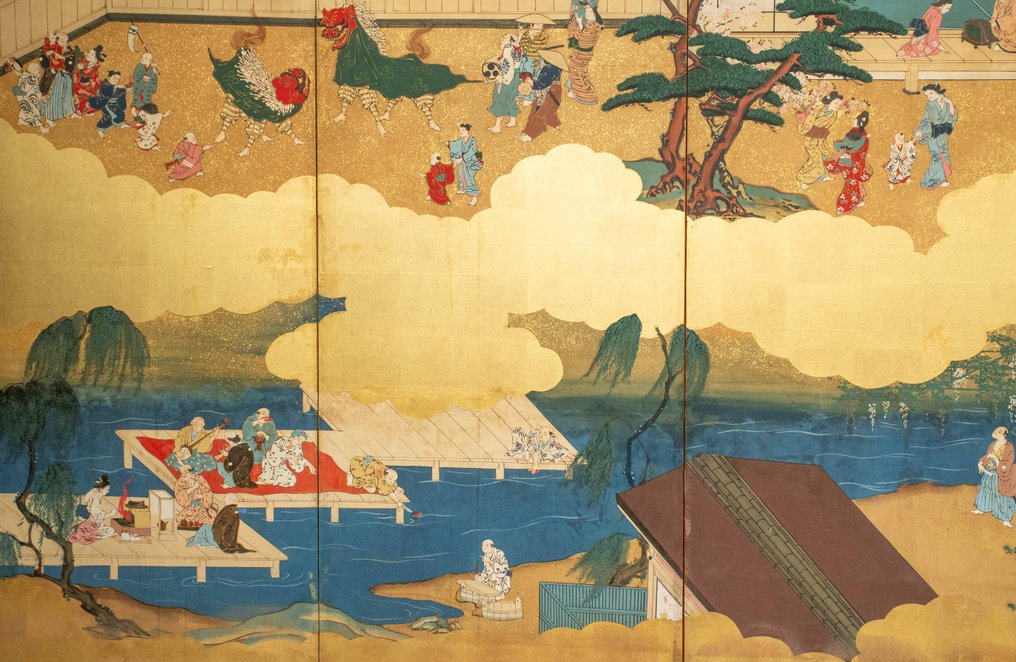 Byōbu屏風 - 紙, 木, 金色, 一幅光亮的六扇屏风（Byōbu 屏风），以金箔装饰，描绘日常生活的场景。 - 日本 - 明治时期（19世纪下半叶） #3.2