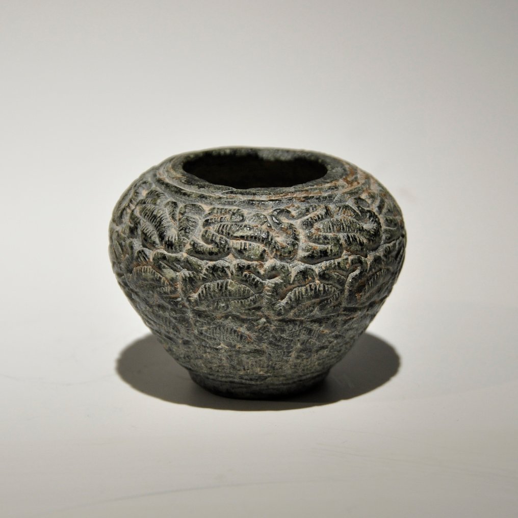 Middle East, Kerman Stone Vessel with scorpions. 4th Millennium BC. 7.3 cm diameter. Very Nice #1.0