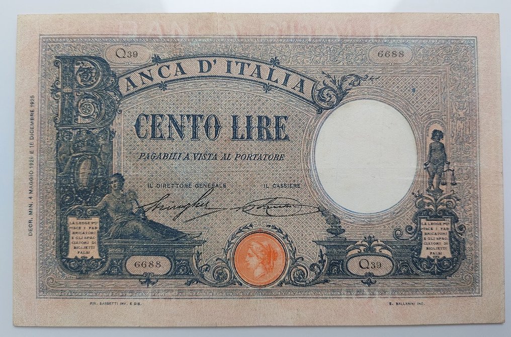 Italy. - 100 Lire 04/05/1926 Grande B "Azzurrina" - Gigante BI 16B #1.0