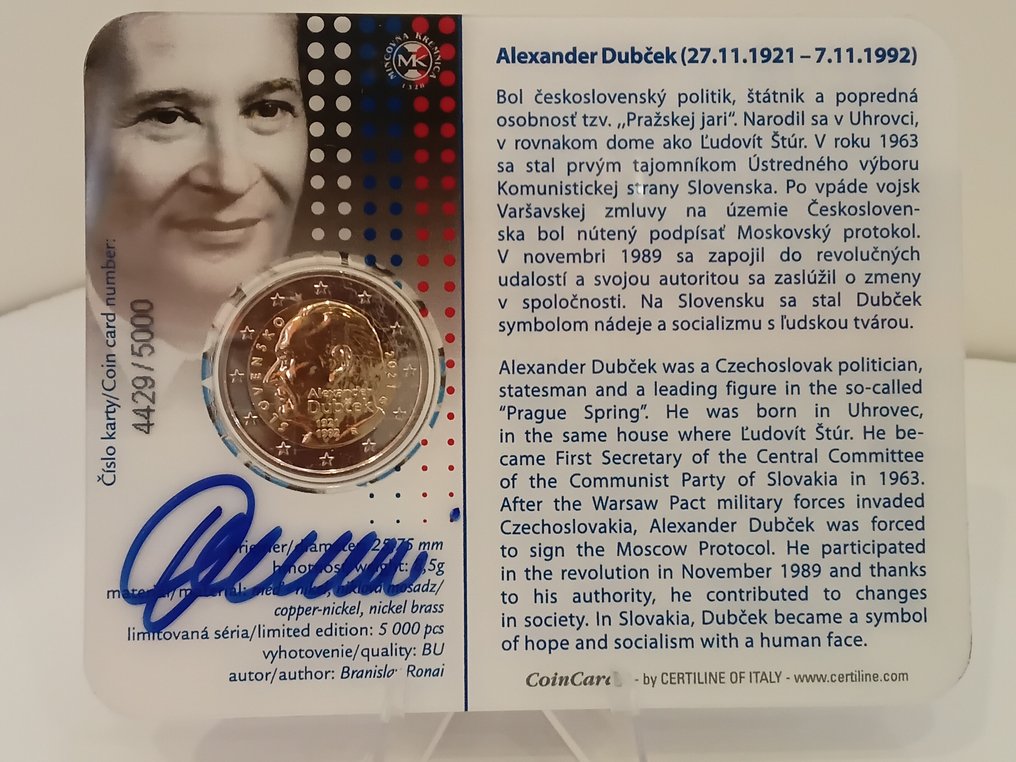 斯洛伐克. 2 Euro 2021 "Alexander Dubcek" (firmata autore) (没有保留价) #1.0