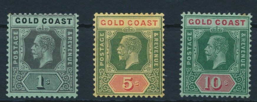 Gold Coast 1913 - King George, lot on stock card with better stamps up to 10 shillings - Stanley Gibbons No. 79,82,83 #1.0