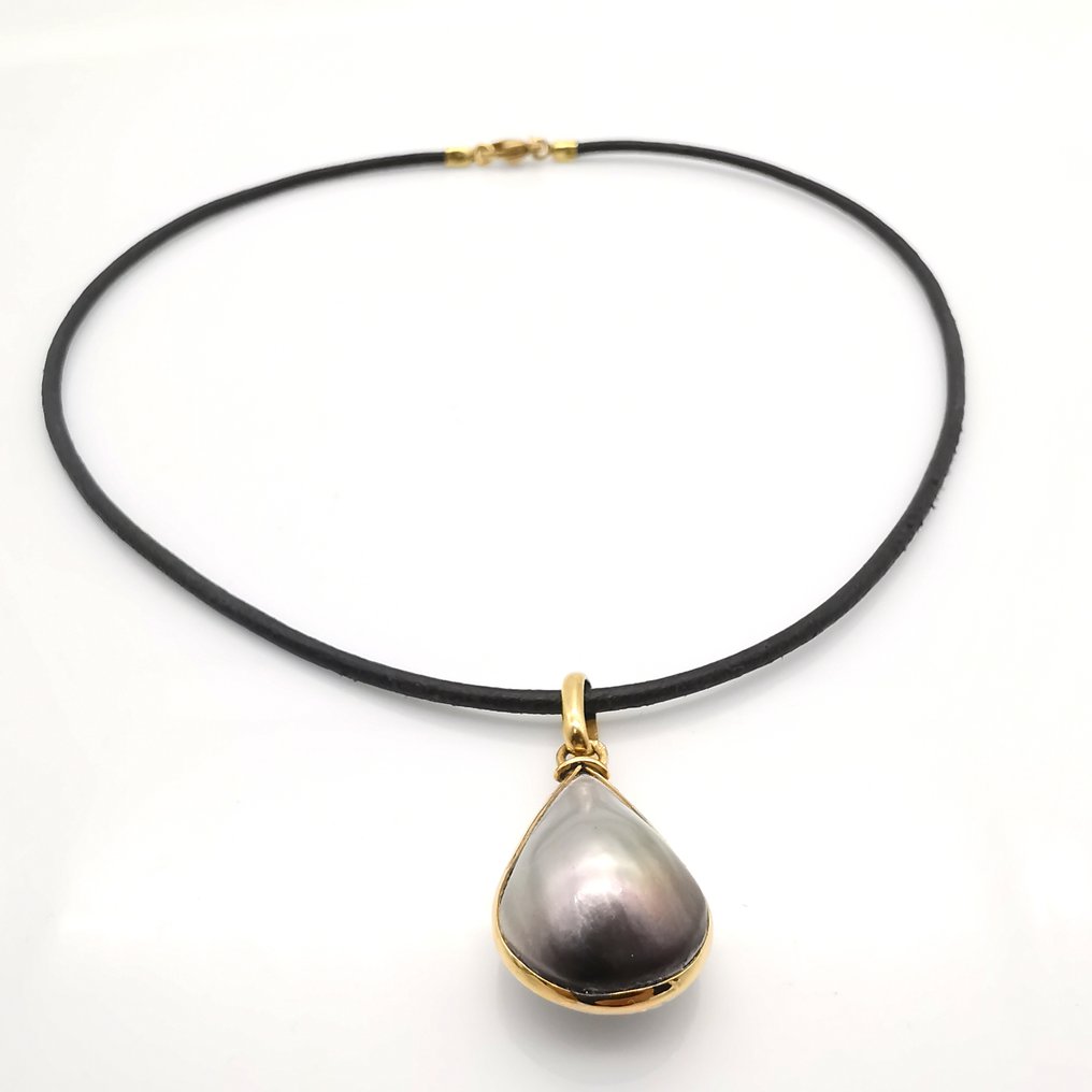 Collier avec pendentif - 18 carats Or jaune, cuir Perle #3.2